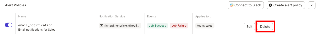 Highlighted Delete button next to an alert policy in Dagster Cloud